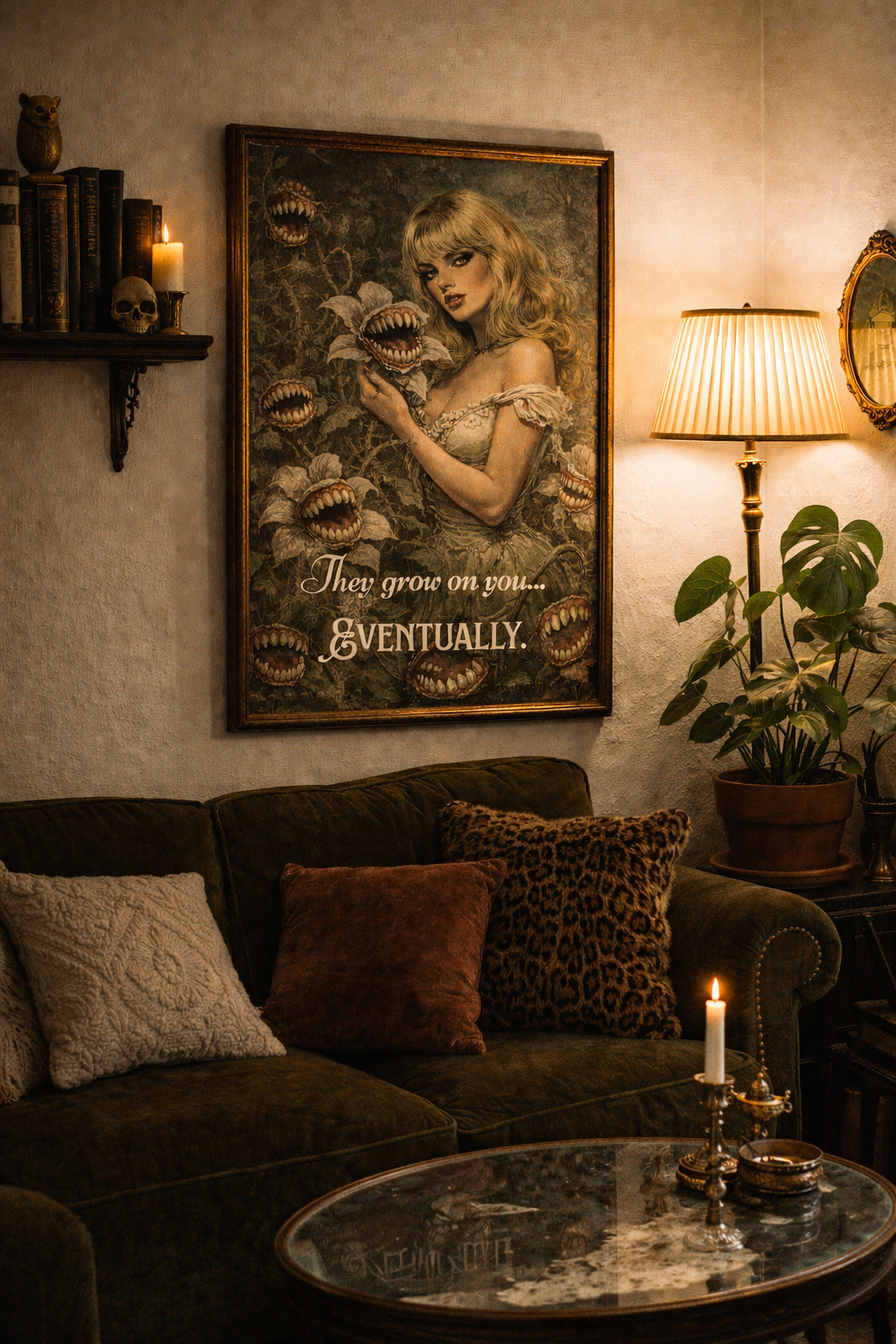 A warm, vintage-inspired living room corner with a framed gothic horror poster above a sofa. The artwork shows a retro woman surrounded by surreal, tooth-filled flowers with the text “They grow on you… eventually.” Soft lighting, neutral tones, and subtle eclectic decor create a cozy, slightly moody atmosphere.